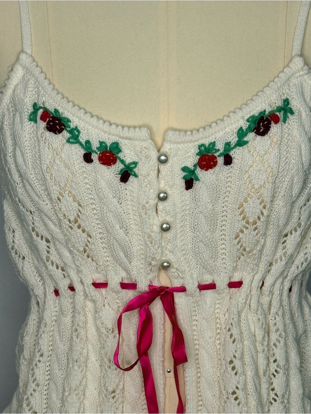 NWT Cream Cable Knit Floral Embroidered Coquette Cami Top M